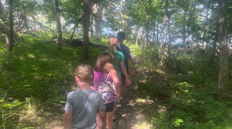 Children walking on trail in the woods